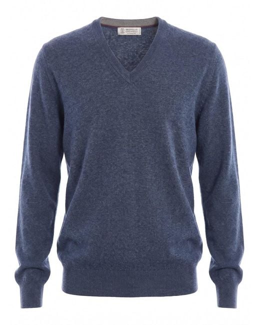 Brunello Cucinelli Blue Cashmere Sweater for men