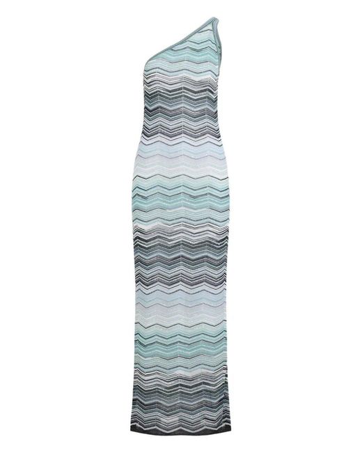 Missoni Blue One-Shoulder Chevron-Pattern Maxi Dress