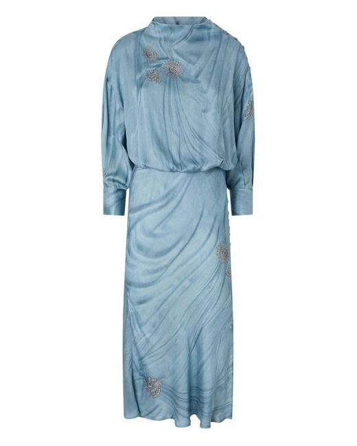 Pinko Blue Fluid Midi Dress With Placed Jewel Print