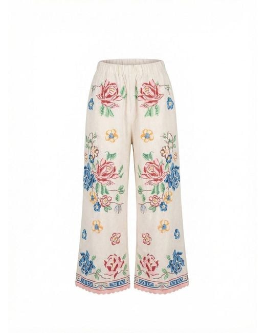 ORSINA White Flower Design Long Pants