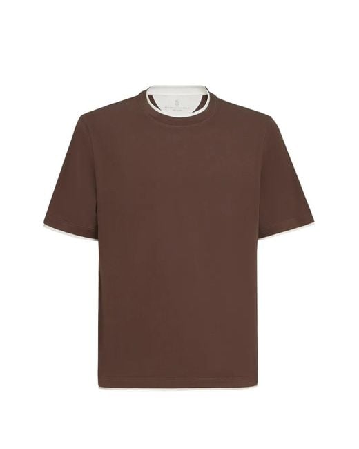 Brunello Cucinelli Brown Cotton Jersey Crew Neck T-Shirt With Faux-Layering for men