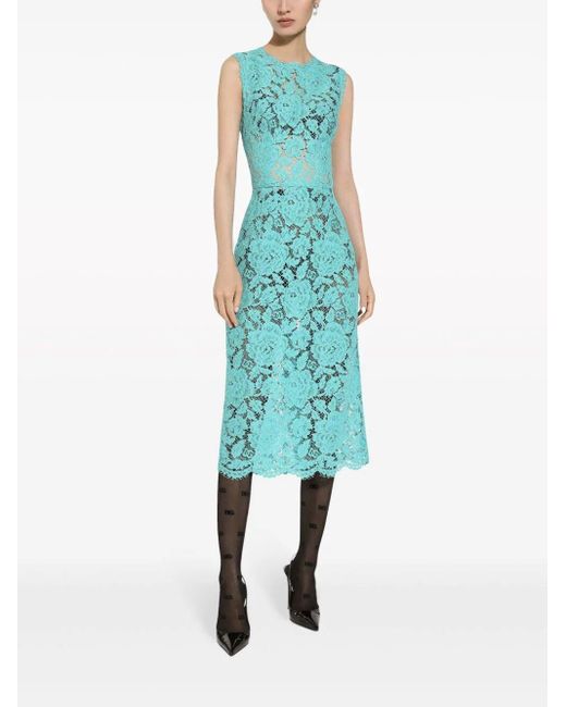 Dolce & Gabbana Blue Floral-Lace Sleeveless Midi Dress