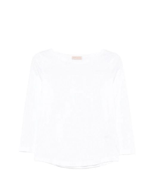 Purotatto White Boat-Neck 3/4 Sleeves Blouse