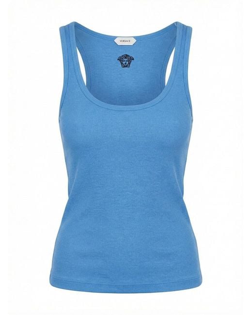 Versace Blue Tank Top Rib With Medusa Embroidery