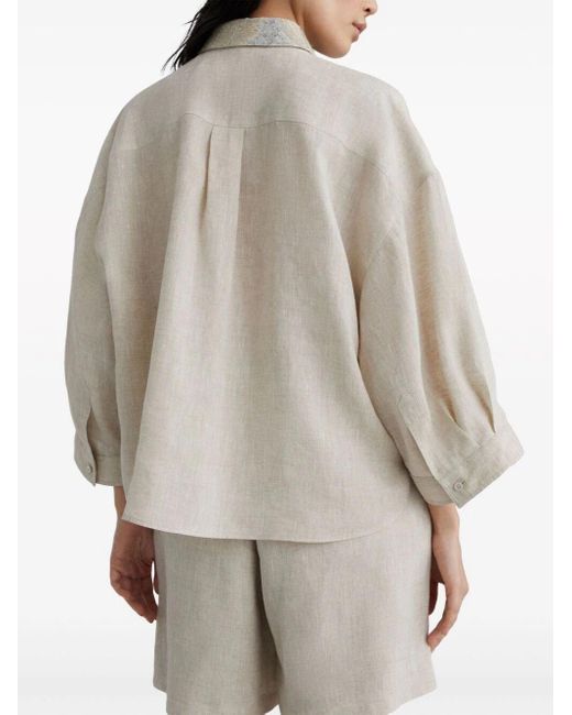 Brunello Cucinelli Natural Embroidered Short-Sleeve Shirt