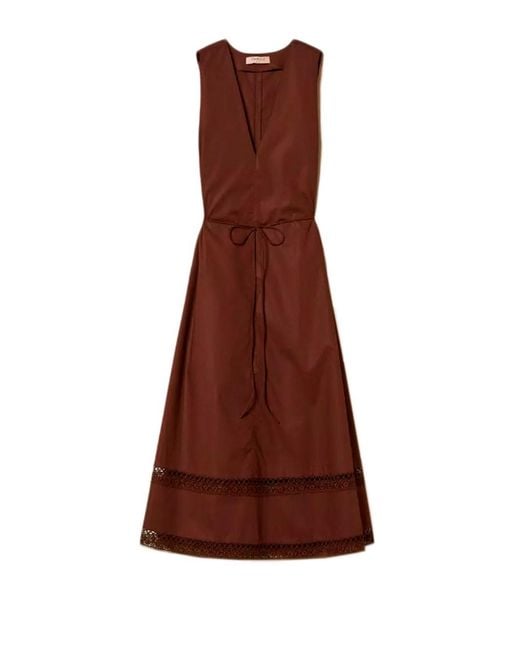 Twinset Brown Long Dress With Macrame And Belt
