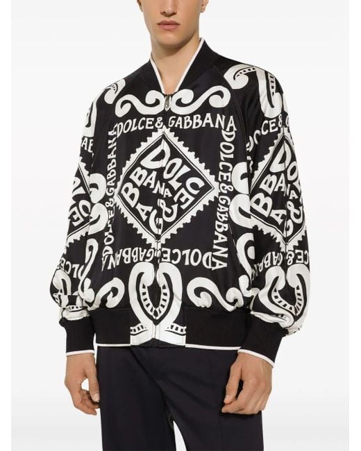 Dolce & Gabbana Black Logo-Print Silk Bomber Jacket for men