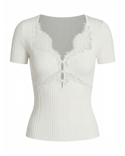 Self-Portrait White Lace Trim Knit Top