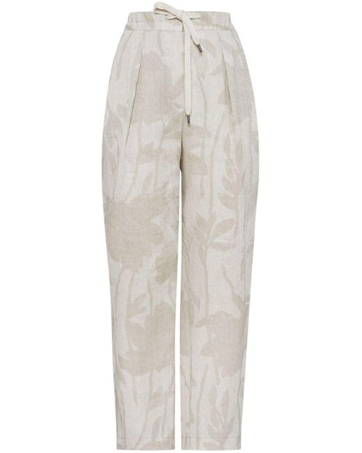 Brunello Cucinelli White Floral-jacquard Linen Tapered Trousers