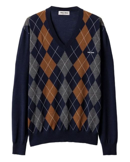 Miu Miu Blue Argyle V-Neck