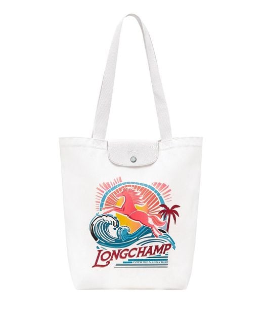 Longchamp White 'Le Pliage Surf' Medium Tote Bag