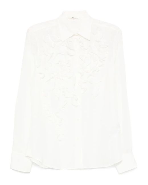Ermanno Scervino White Floral Appliqué Silk Shirt