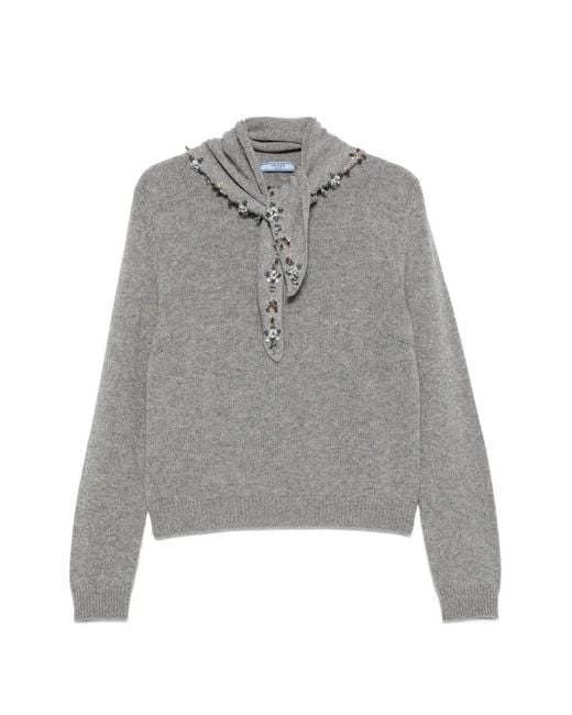 Prada Gray Sweater With Jeweled Scarf Detail