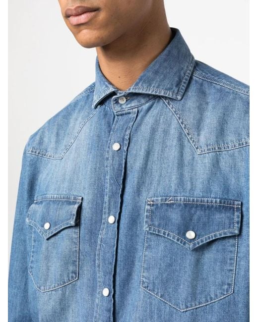Brunello Cucinelli Blue Denim Cotton Shirt for men