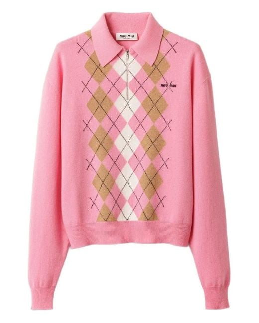 Miu Miu Pink Argyle Cashmere Polo-Neck