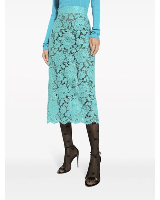 Dolce & Gabbana Blue Floral-lace High-waisted Midi Skirt