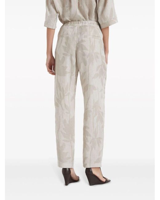 Brunello Cucinelli White Floral-jacquard Linen Tapered Trousers