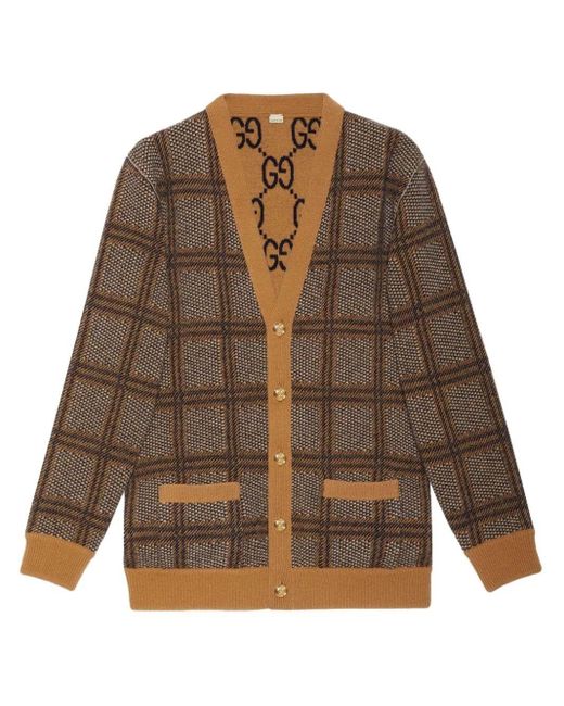 Gucci Brown Reversible Checked Wool Cardigan