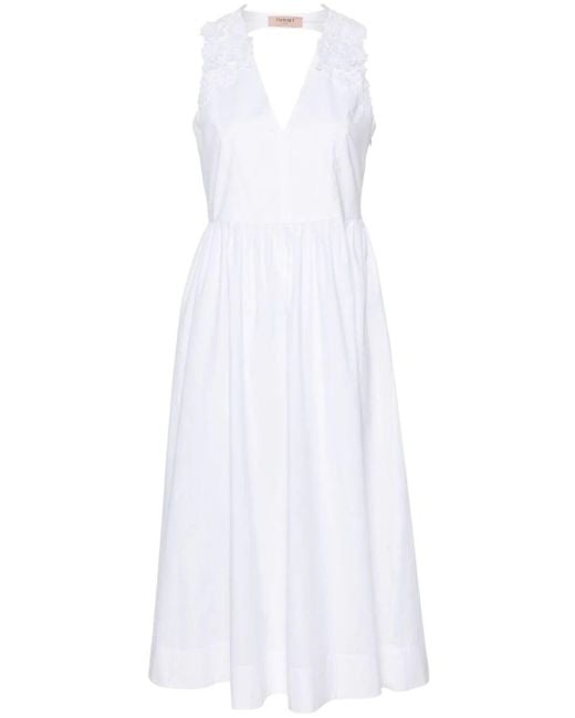 Twin Set White Sleeveless Long Dress With `3D Flowers` Embroidery