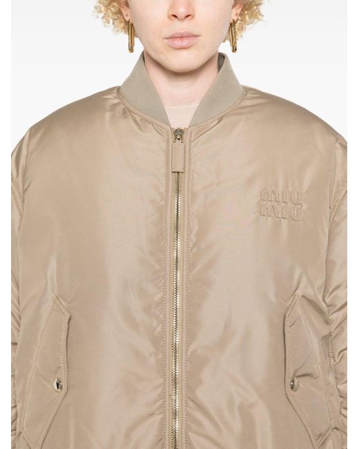 Miu Miu Logo-patch Bomber Jacket in Natural | Lyst