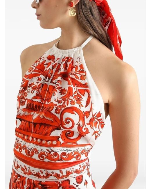 Dolce & Gabbana Red Majolica-Print Charmeuse Top