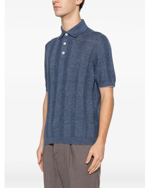 Brunello Cucinelli Blue Linen And Cotton Wide Rib Knit Polo for men