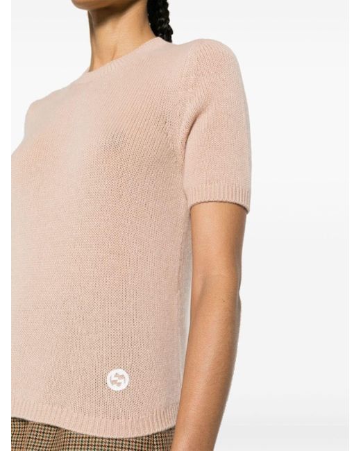 Knit Crew-Neck Short Sleeve Sweater di Gucci in Natural