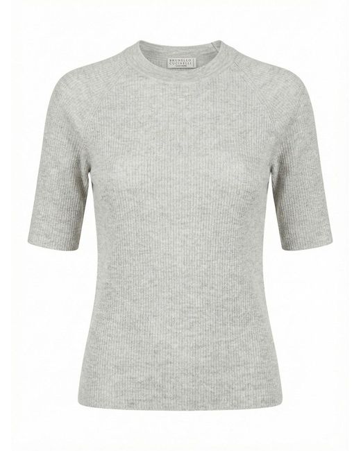 Brunello Cucinelli Gray Sparkling Cashmere Lightweight Rib Knit Sweater