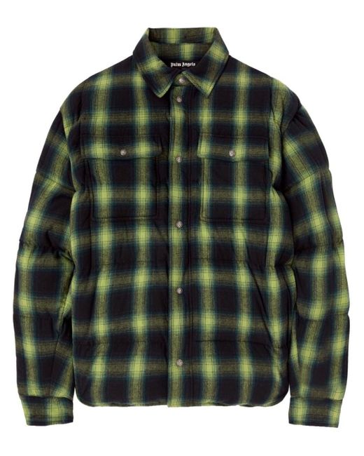 Palm Angels Green Check-Pattern Padded Shirt Jacket for men