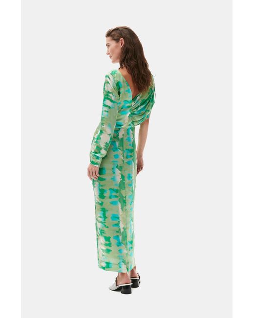 Ganni Long Sleeve Silk Stretch Satin Maxi Dress in Green | Lyst