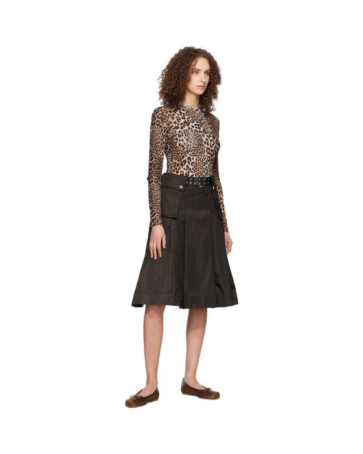 Ganni Black Leopard Printed Mesh Long Sleeve T-Shirt