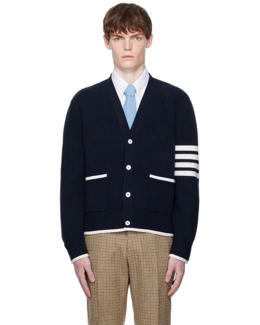 Thom Browne Blue Milano Stitch Merino Wool 4-Bar V-Neck Cardigan for men
