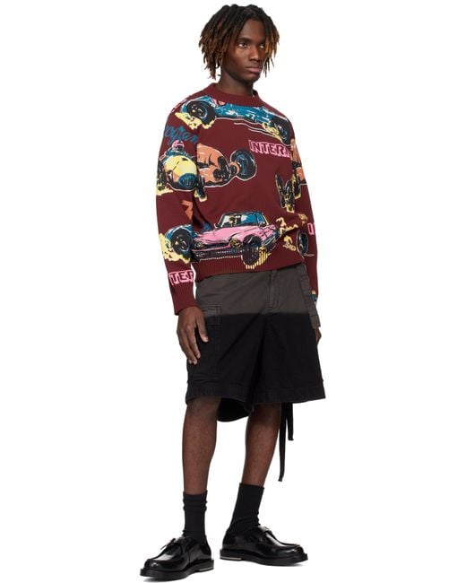Sacai Red Burgundy Car Race Print Knit Pullover Sweater for men