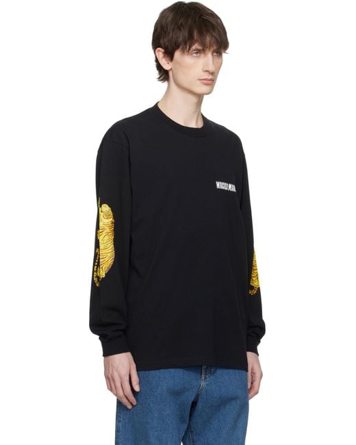 メンズ Wacko Maria ブラック ウォッシュド クルーネック 長袖Tシャツ Black