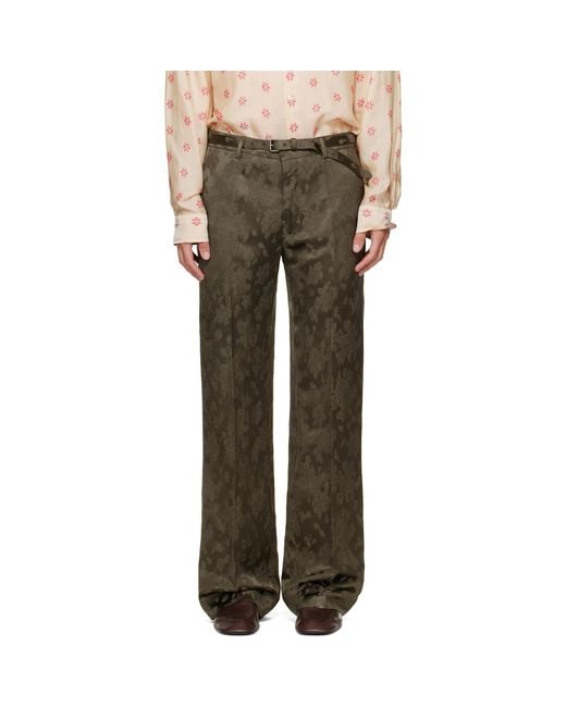 Dries Van Noten Green Khaki Belted Floral Jacquard Trousers for men