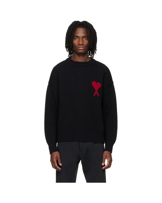 AMI Black Wool Contrasted Ami De Coeur Crewneck Sweater for men