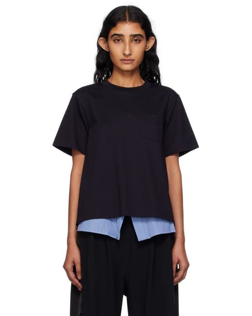 Sacai ネイビー ポプリン＆コットンジャージ Tシャツ Black
