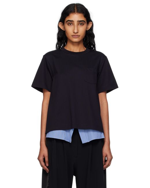 T-Shirt Bleu Marine En Jersey De Coton À Panneaux En Popeline Sacai en coloris Black