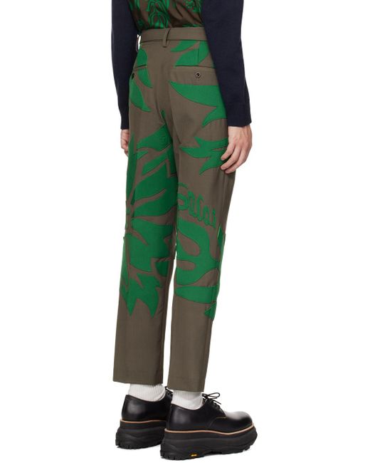 Sacai Taupe & Green Floral Appliqué Trousers for men