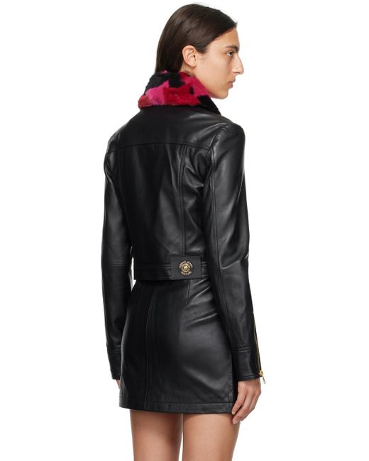 Versace Black Spread Collar Leather & Faux-fur Jacket