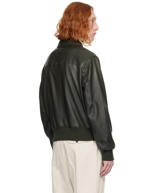 AMI Black Green Zipped Leather Jacket for men