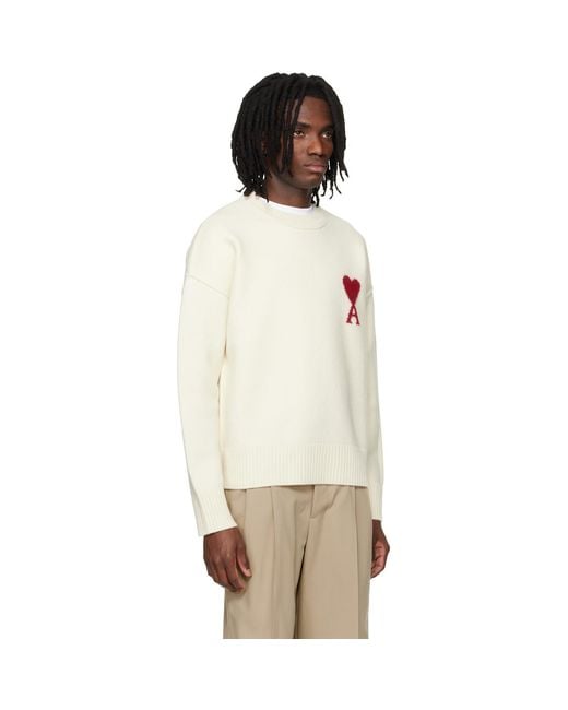 AMI Natural Off- Wool Contrasted Ami De Coeur Crewneck Sweater for men