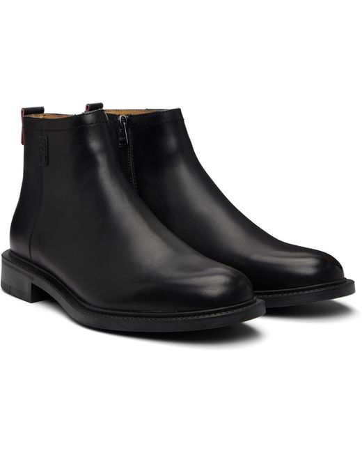 HUGO Black Leather Logo Trim Boots for men