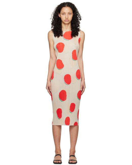 Pleats Please Issey Miyake Black Off-white & Red Bean Dots Midi Dress