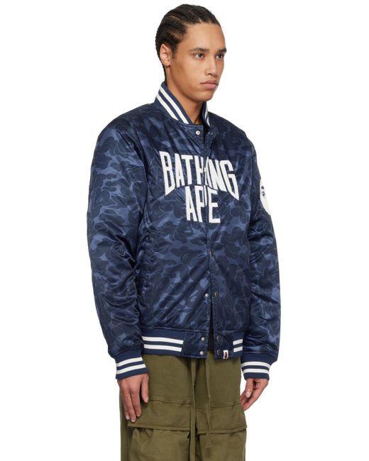 A Bathing Ape Blue Solid Camo Nyc Logo Varsity Bomber Jacket for men