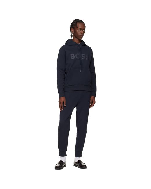 Boss Blue Printed-Logo Hoodie for men