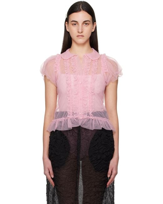 Simone Rocha Sheer Puff Sleeve Multi Ruffle Frill Shirt in Pink
