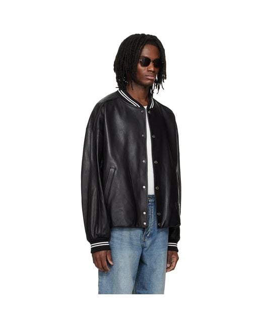 Wooyoungmi Black Leather Baseball Jacket for men