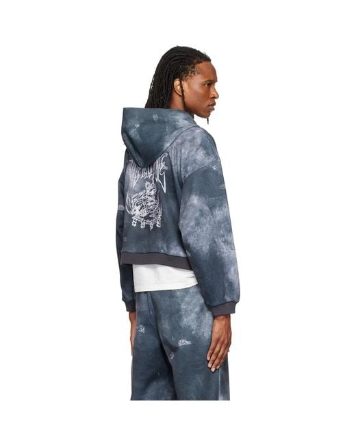 we11done Blue Trompe L'Oeil Denim Printed Zip-Up Hoodie for men