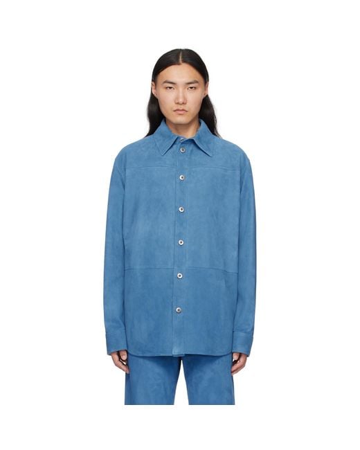 Bottega Veneta Blue Embossed Corduroy Suede Shirt for men